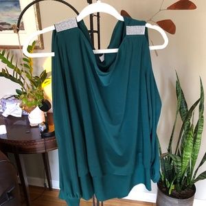 Emerald Green Rhinestone Detail Cold-Shoulder Long Sleeve Blouse